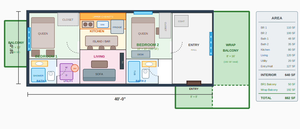 Floor Plan - 640 SF 2BR/2BA