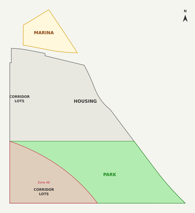 Conceptual site plan (cartoon) - Marina, Housing, Corridor Lots, Park zones - not an engineered drawing